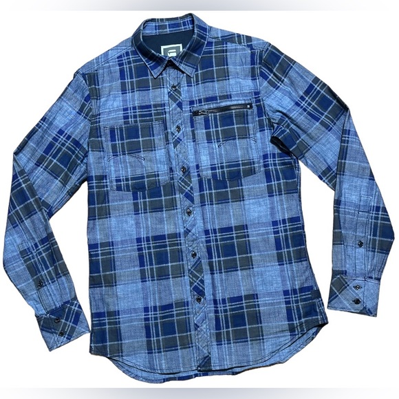 G-Star Raw Men’s Attacc Blue Cotton Plaid Long Sleeve Button Down Shirt Sz M - Picture 1 of 15